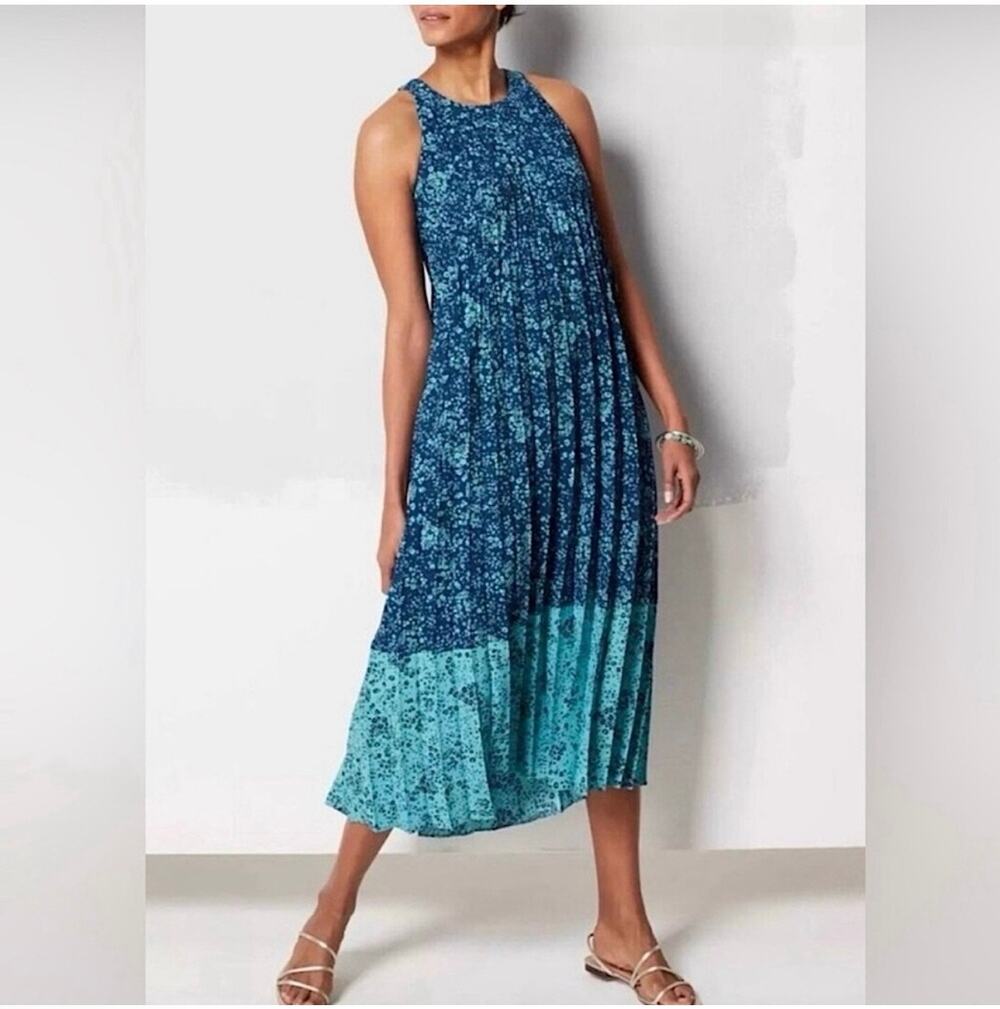 J.Jill Dress Womens Medium Blue Pleated Wearever Floral Swing Resort Romantic